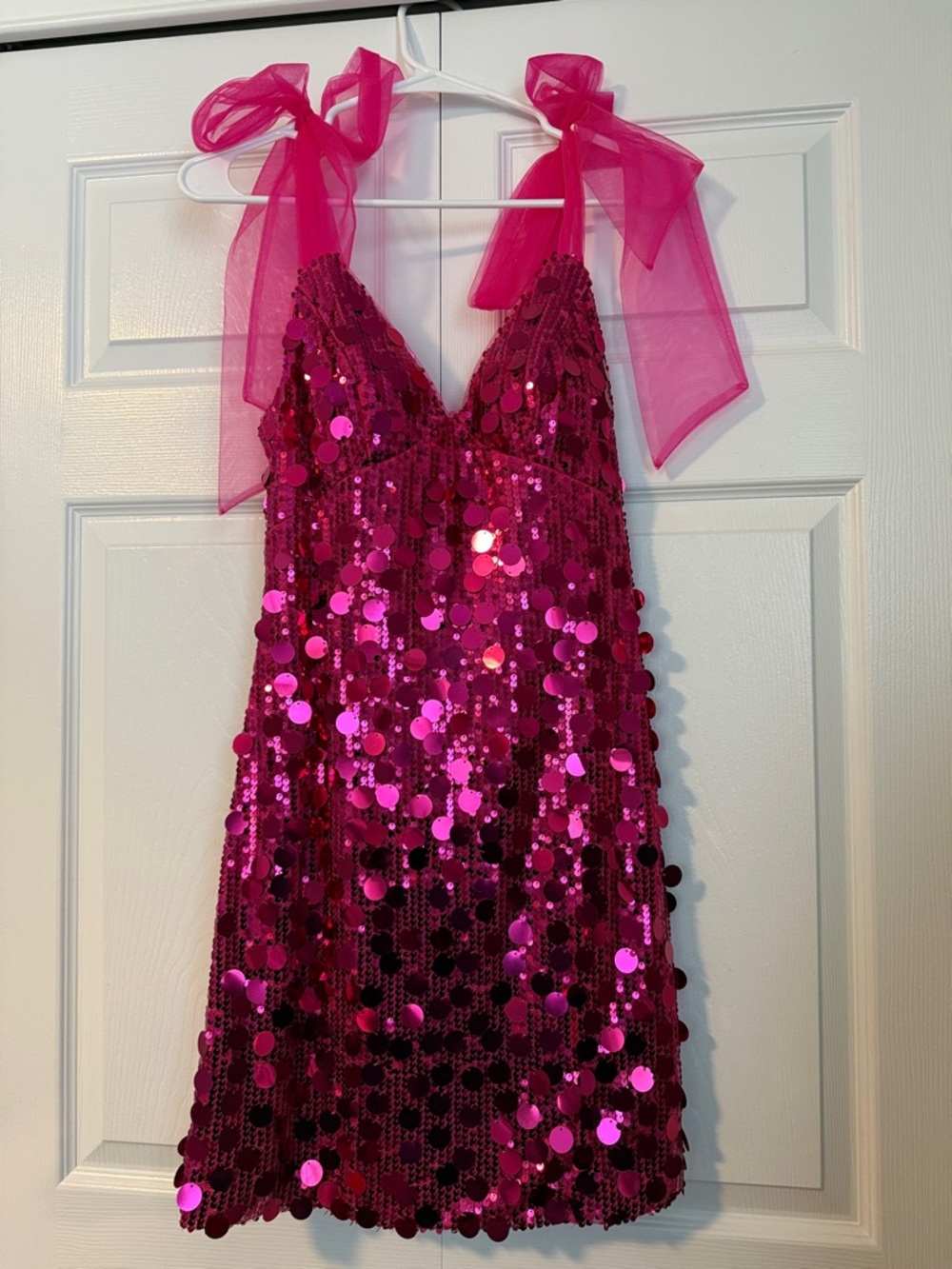 Hot Pink Sequin Party Dress with Sheer Tie Straps